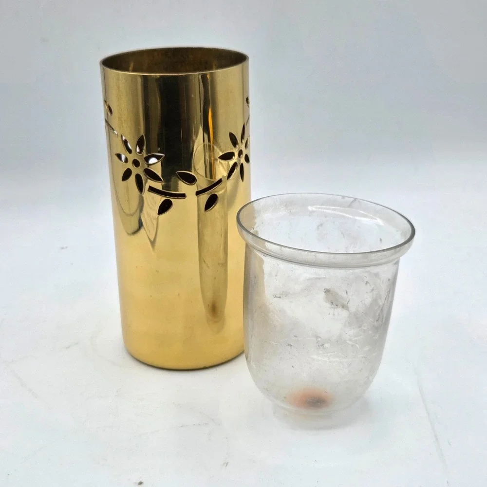 VINTAGE Gold Metal Votive Candle Holder Cut Out Floral & Vines with Glass Liner